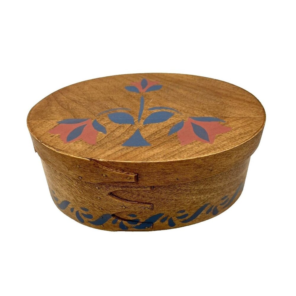 Handmade HandPainted Oval Shaker Box Floral Pink Blue Folk Art Cottagecore 7.25"